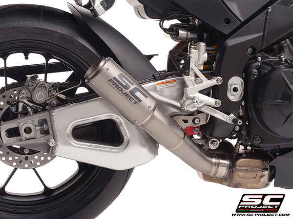 Aprilia RSV4 2025 with SC-Project CR-T titanium exhaust, with stoneguard grid, detail view