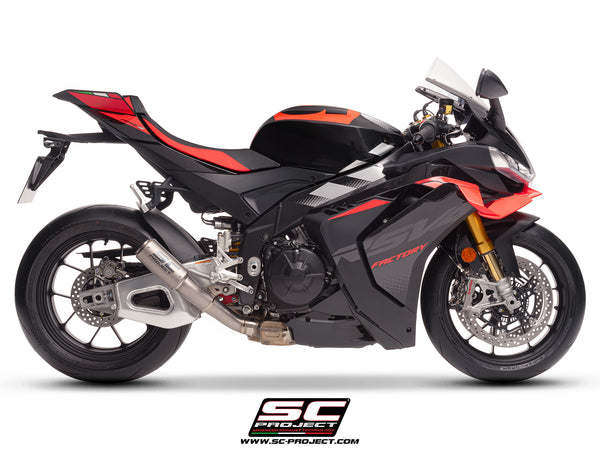 Aprilia RSV4 2025 with SC-Project CR-T titanium exhaust, with stoneguard grid, side view