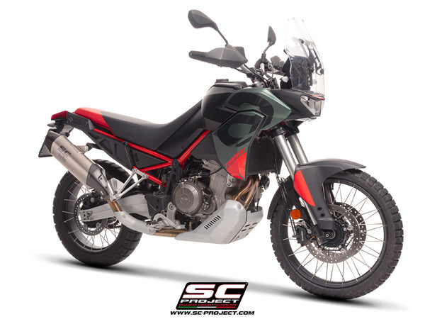 Aprilia Tuareg 660 2025 with SC-Project X-Plorer II GT titanium exhaust, 3/4 front view