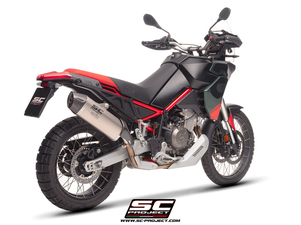 Aprilia Tuareg 660 2025 with SC-Project X-Plorer II GT titanium exhaust, 3/4 rear view