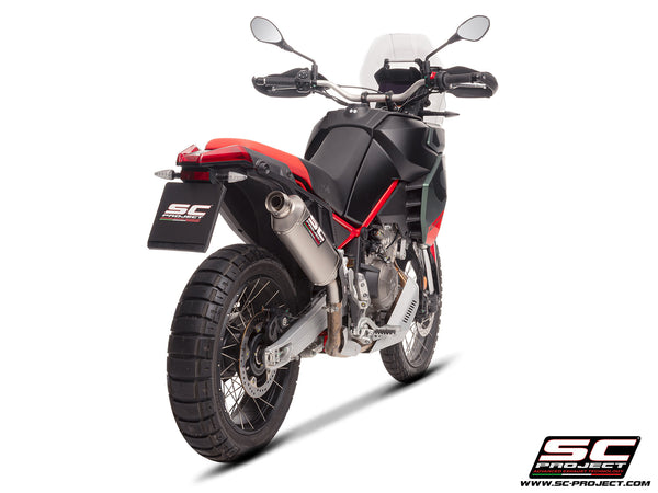 Aprilia Tuareg 660 2025 with SC-Project Rally Raid titanium exhaust, rear view
