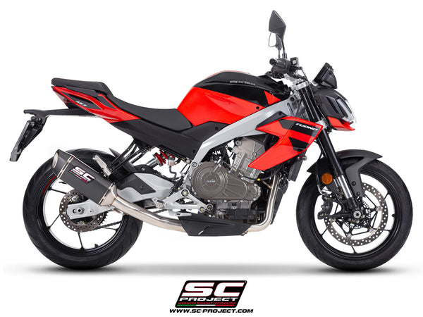 Aprilia Tuono 457 with SC-Project full exhaust system stainless steel, with SC1-S carbon fibre exhaust, side view