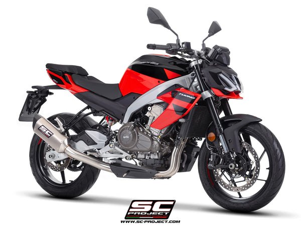 Aprilia Tuono 457 with SC-Project full exhaust system stainless steel, with SC1-S titanium exhaust, 3/4 front view