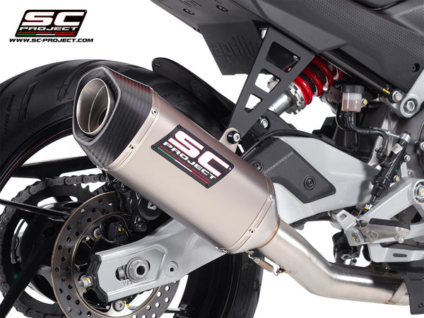 Aprilia Tuono 457 with SC-Project full exhaust system stainless steel, with SC1-S titanium exhaust, bracket detail view