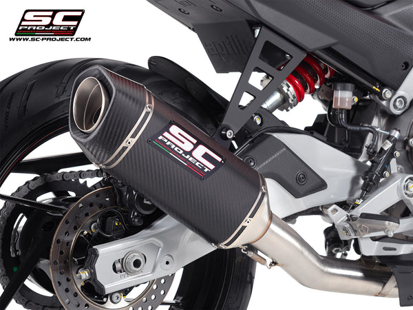 Aprilia Tuono 457 with SC-Project full exhaust system stainless steel, with SC1-S carbon fibre exhaust, bracket detail view