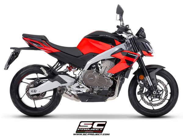 Aprilia Tuono 457 with SC-Project full exhaust system stainless steel, with S1 stainless steel exhaust, side view