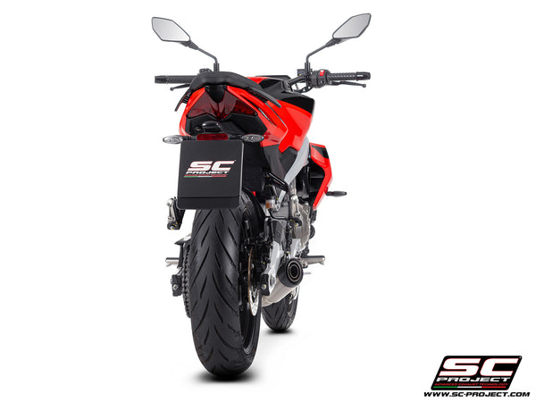Aprilia Tuono 457 with SC-Project full exhaust system stainless steel, with S1 stainless steel exhaust, back view