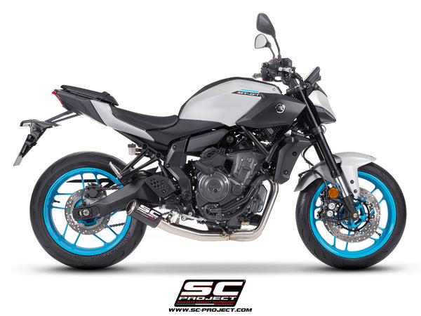 Yamaha MT-07 with SC-Project full exhaust system stainless steel, with CR-T carbon fibre exhaust, side view