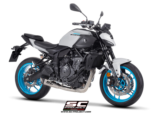 Yamaha MT-07 with SC-Project full exhaust system stainless steel, with S1 stainless steel exhaust, 3/4 front view