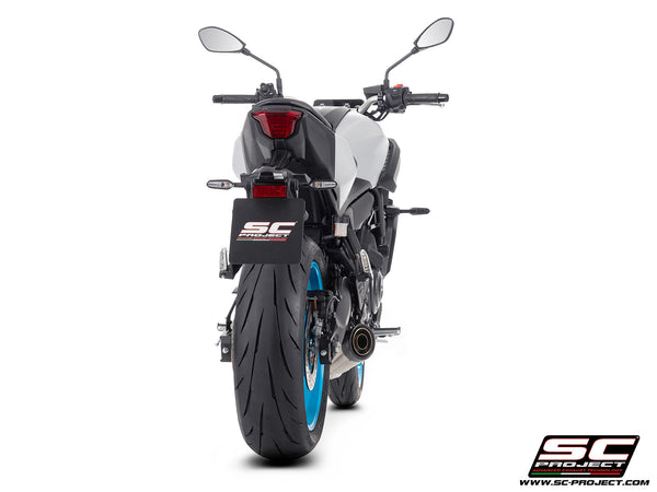 Yamaha MT-07 with SC-Project full exhaust system stainless steel, with S1 stainless steel exhaust, back view