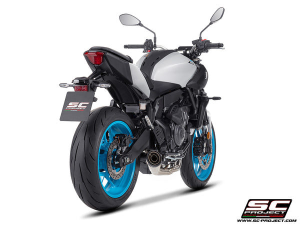Yamaha MT-07 with SC-Project full exhaust system stainless steel, with S1 stainless steel exhaust, rear view