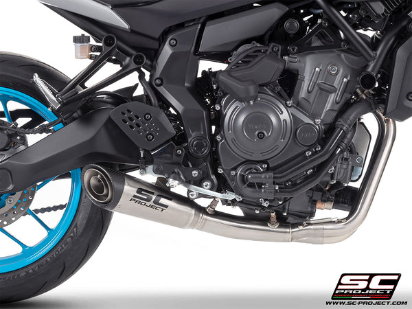 Yamaha MT-07 with SC-Project full exhaust system stainless steel, with S1 stainless steel exhaust, detail view