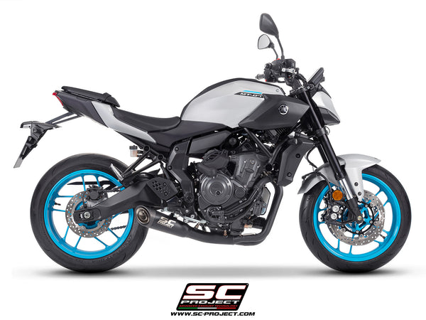 Yamaha MT-07 with SC-Project full exhaust system stainless steel, with S1 stainless steel matt black exhaust, side view