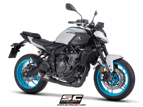 Yamaha MT-07 with SC-Project full exhaust system stainless steel, with S1 stainless steel matt black exhaust, 3/4 front view