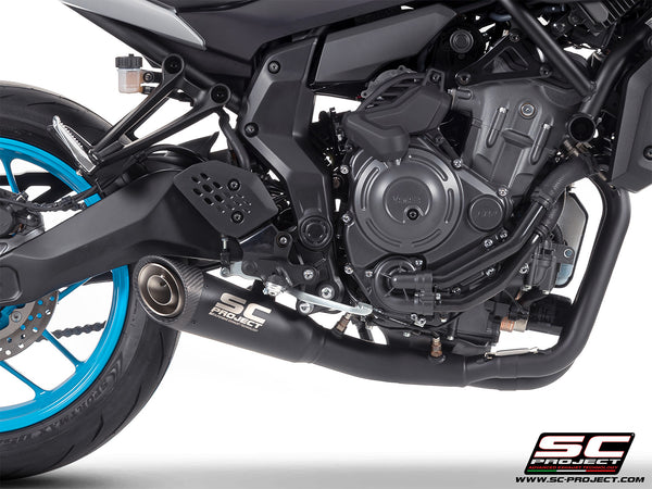 Yamaha MT-07 with SC-Project full exhaust system stainless steel, with S1 stainless steel matt black exhaust, detail view