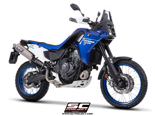 Yamaha Ténéré 700 with SC-Project Rally Raid titanium exhaust, 3/4 front view