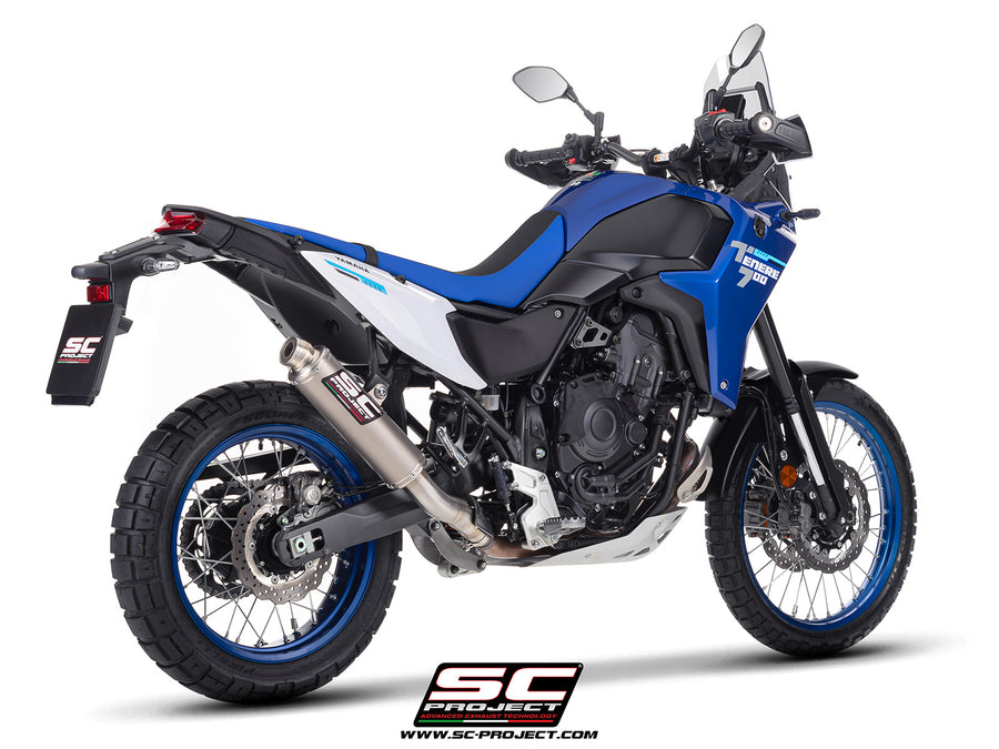 Yamaha Ténéré 700 with SC-Project Rally Race titanium exhaust, 3/4 rear view