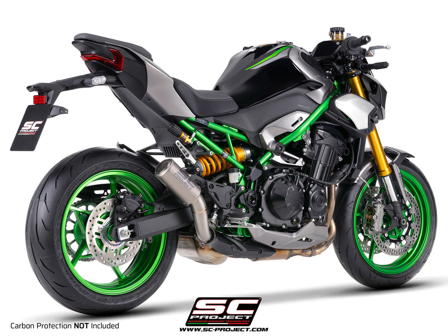 Kawasaki Z900 with SC-Project CR-T titanium exhaust, with stoneguard grid, 3/4 rear view