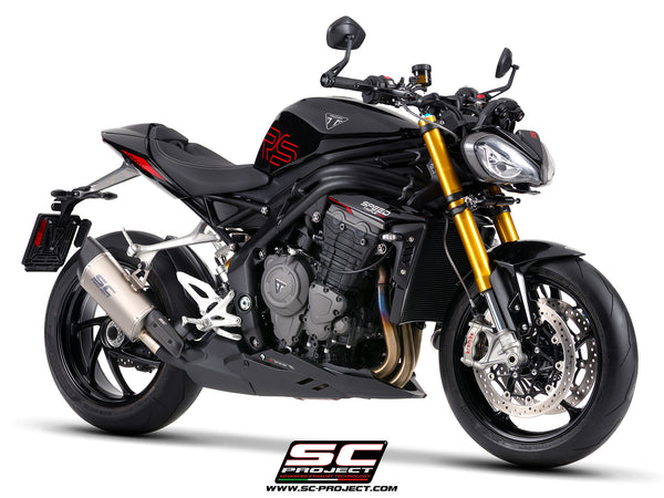 Triumph Street Triple 1200 RS with SC-Project SC1-R GT titanium exhaust, 3/4 front view