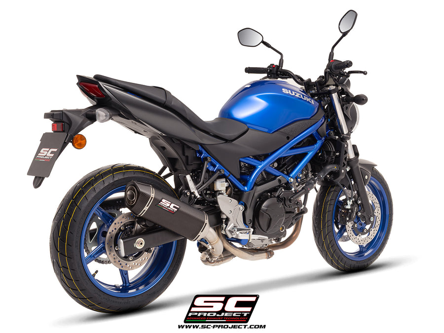 Suzuki SV650 M.Y. 2025 with SC-Project SC1-S carbon exhaust, 3/4 rear view