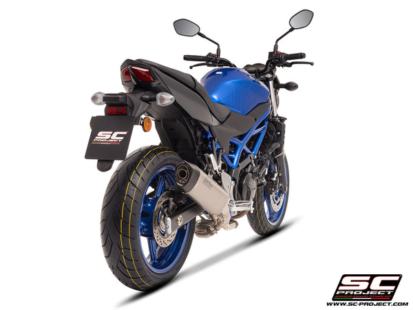 Suzuki SV650 M.Y. 2025 with SC-Project SC1-S titanium exhaust, rear view