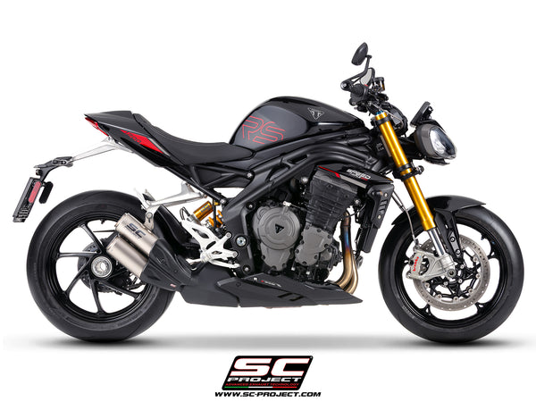 Triumph Speed Triple 1200 RS  with SC-Project TWIN CR-T titanium exhaust, with stoneguard grid, side view