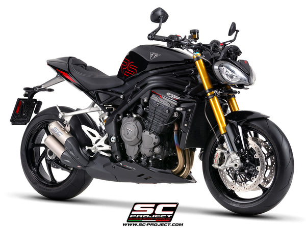Triumph Speed Triple 1200 RS  with SC-Project TWIN CR-T titanium exhaust, with stoneguard grid, 3/4 front view
