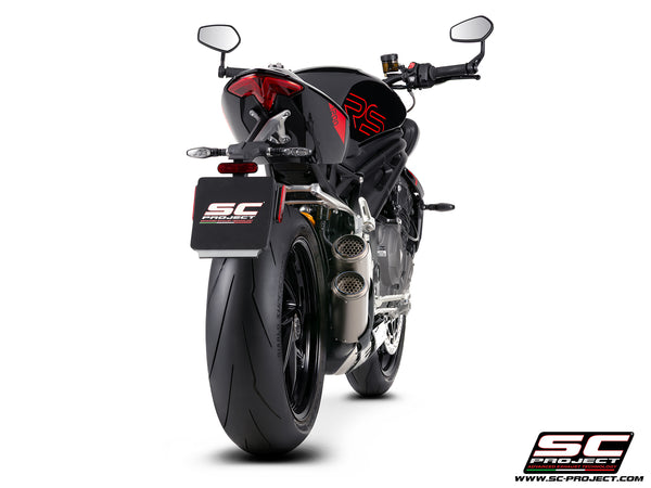 Triumph Speed Triple 1200 RS  with SC-Project TWIN CR-T titanium exhaust, with stoneguard grid, back view