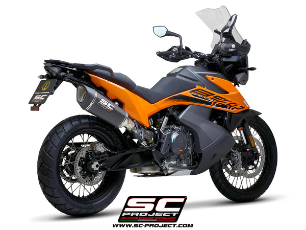 KTM 890 Adventure R with SC-Project SC1-R carbon fibre exhaust, 3/4 rear view