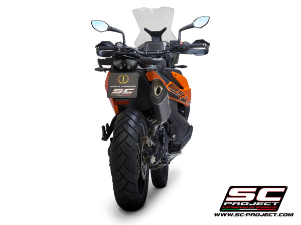 KTM 890 Adventure R with SC-Project SC1-R carbon fibre exhaust, back view