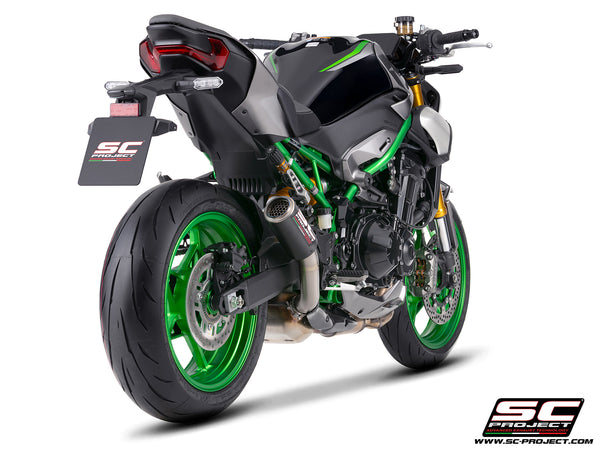 Kawasaki Z900 with SC-Project CR-T carbon fibre exhaust, with stoneguard grid, rear view