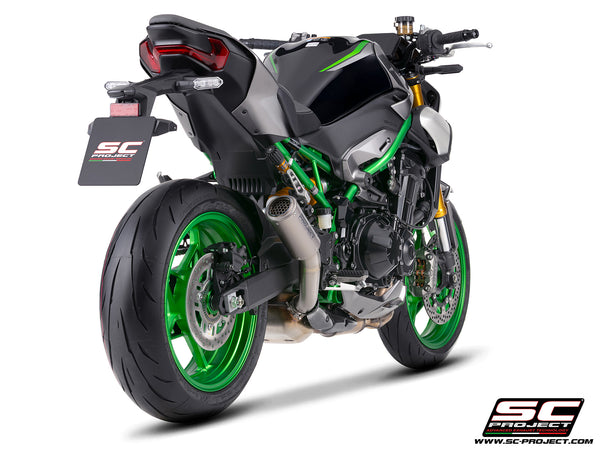 Kawasaki Z900 with SC-Project CR-T titanium exhaust, with stoneguard grid, rear view