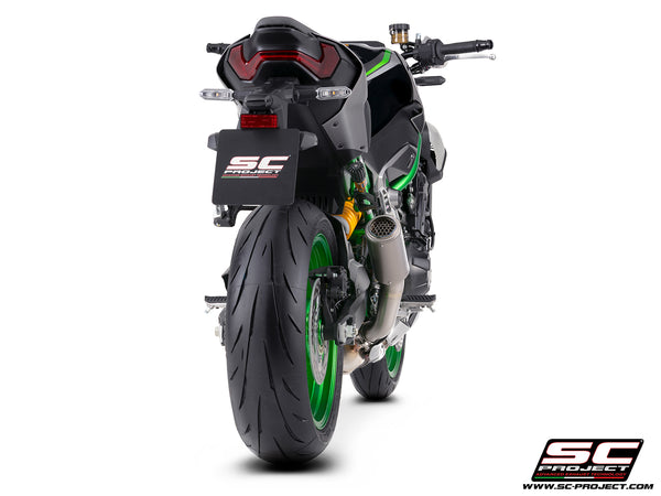 Kawasaki Z900 with SC-Project CR-T titanium exhaust, with stoneguard grid, back view