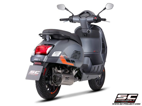 Vespa GTS 310 SuperSport with SC-Project Tourer titanium exhaust, rear view
