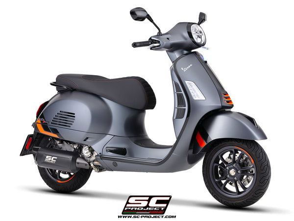 Vespa GTS 310 SuperSport with SC-Project Tourer titanium matt black exhaust, 3/4 front view