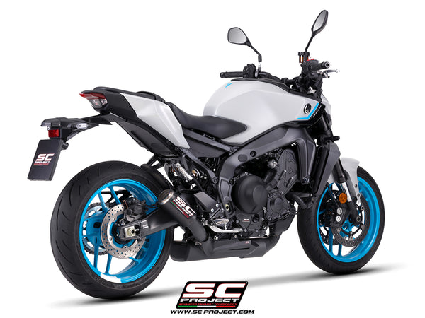 Yamaha MT-09 with SC-Project full exhaust system stainless steel, with CR-T carbon fibre matt black exhaust, with stoneguard grid, 3/4 rear view