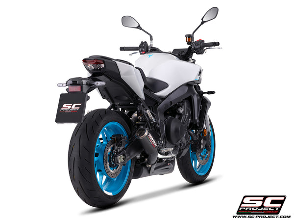 Yamaha MT-09 with SC-Project full exhaust system stainless steel, with CR-T carbon fibre matt black exhaust, with stoneguard grid, rear view