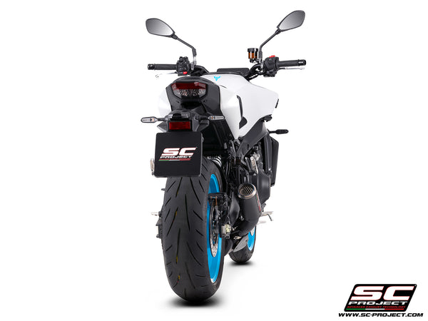 Yamaha MT-09 with SC-Project full exhaust system stainless steel, with CR-T carbon fibre matt black exhaust, with stoneguard grid, back view