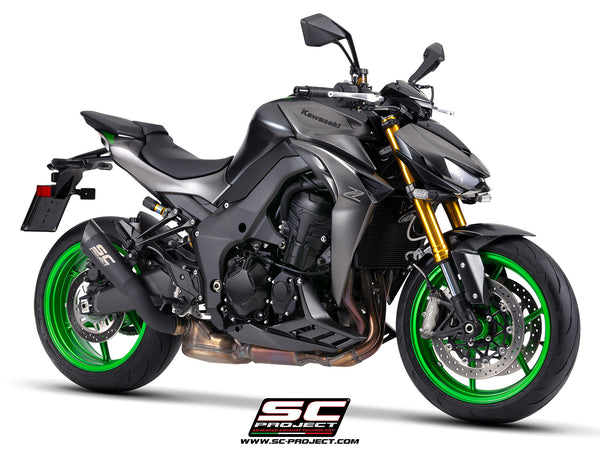 Kawasaki Z1100 with SC-Project S1 titanium matt black exhaust, 3/4 front view	