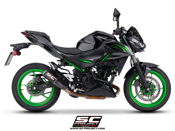 Kawasaki Z500 with SC-Project CR-T carbon fibre exhaust, with stoneguard grid, side view