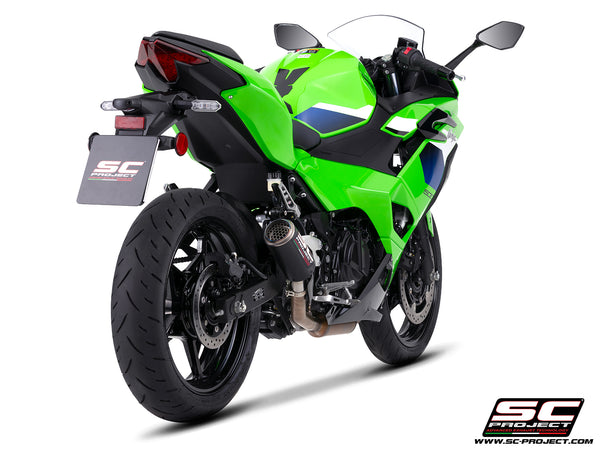 Kawasaki Ninja 500 with SC-Project CR-T carbon fibre exhaust, with stoneguard grid, rear view