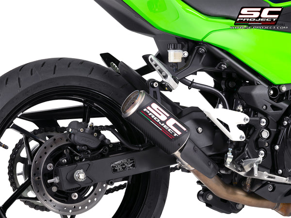 Kawasaki Ninja 500 with SC-Project CR-T carbon fibre exhaust, with stoneguard grid, detail view