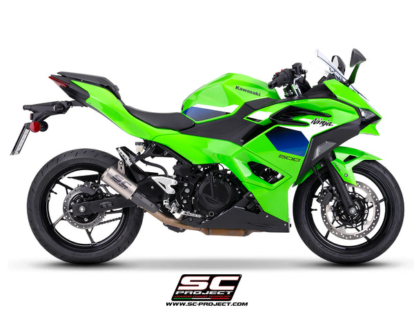 Kawasaki Ninja 500 with SC-Project CR-T titanium exhaust, with stoneguard grid, side view