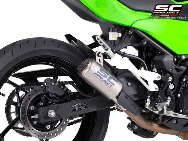 Kawasaki Ninja 500 with SC-Project CR-T titanium exhaust, with stoneguard grid, detail view