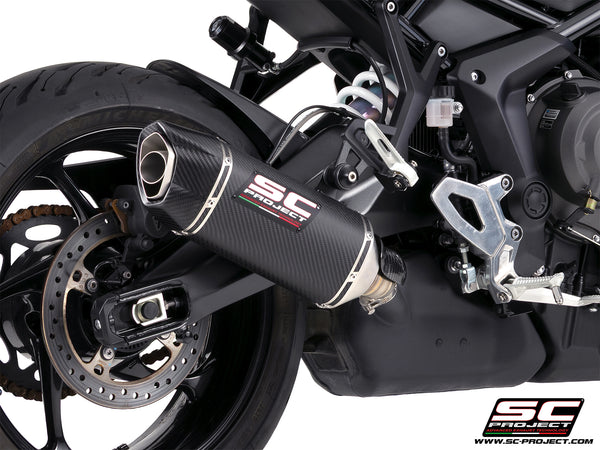 Triumph Tiger Sport 800 with SC-Project SC1-X carbon fibre exhaust, detail view