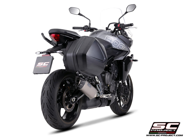 Triumph Tiger Sport 800 with SC-Project SC1-X titanium exhaust, side bag view