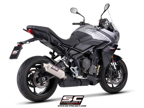 Triumph Tiger Sport 800 with SC-Project Rally Raid titanium exhaust, 3/4 rear view