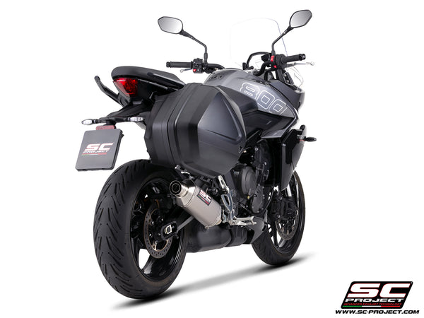 Triumph Tiger Sport 800 with SC-Project Rally Raid titanium exhaust, side bag view