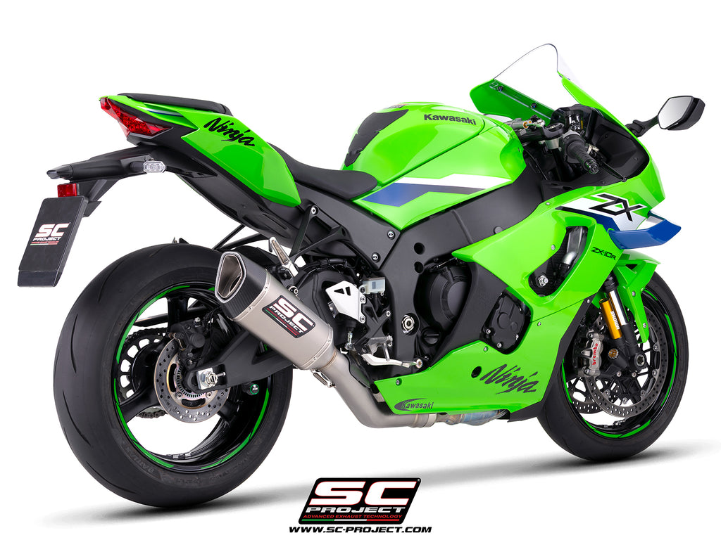 Kawasaki Ninja ZX-10R with SC-Project de-cat link pipe with SC1-R 250 mm titanium exhaust, 3/4 rear view