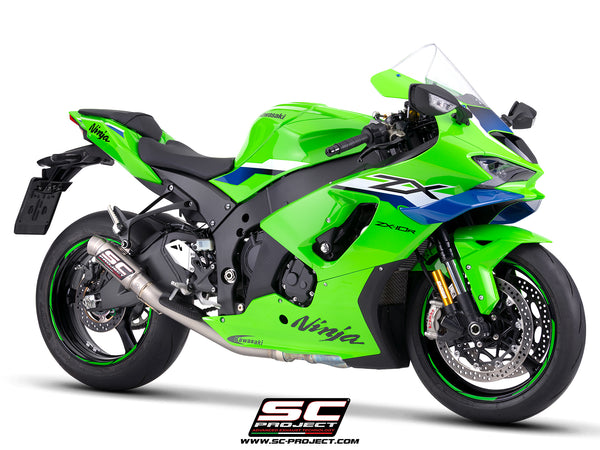 Kawasaki Ninja ZX-10R with SC-Project de-cat link pipe with GP70-R titanium exhaust, 3/4 front view